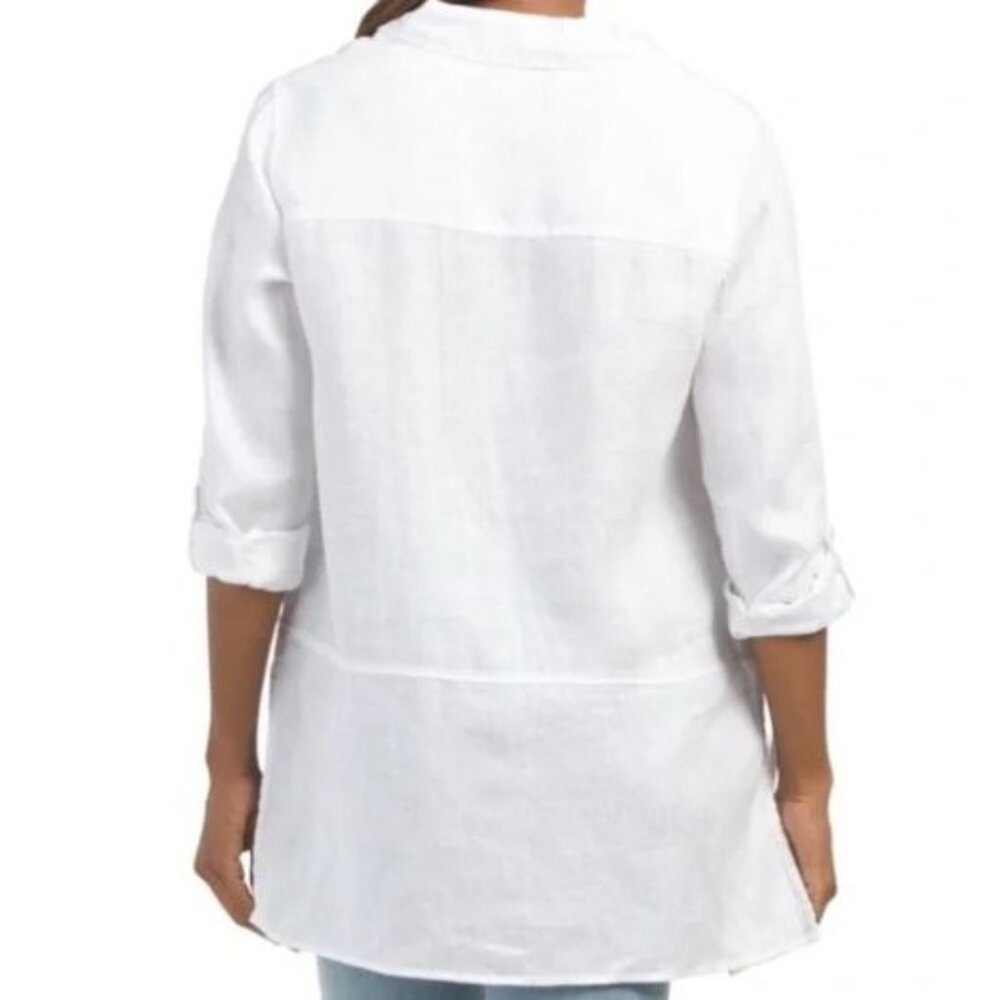 Tahari Women's White Linen Roll Tab Sleeve Collared Button-Front Top Sz L 2261 - Picture 9 of 12